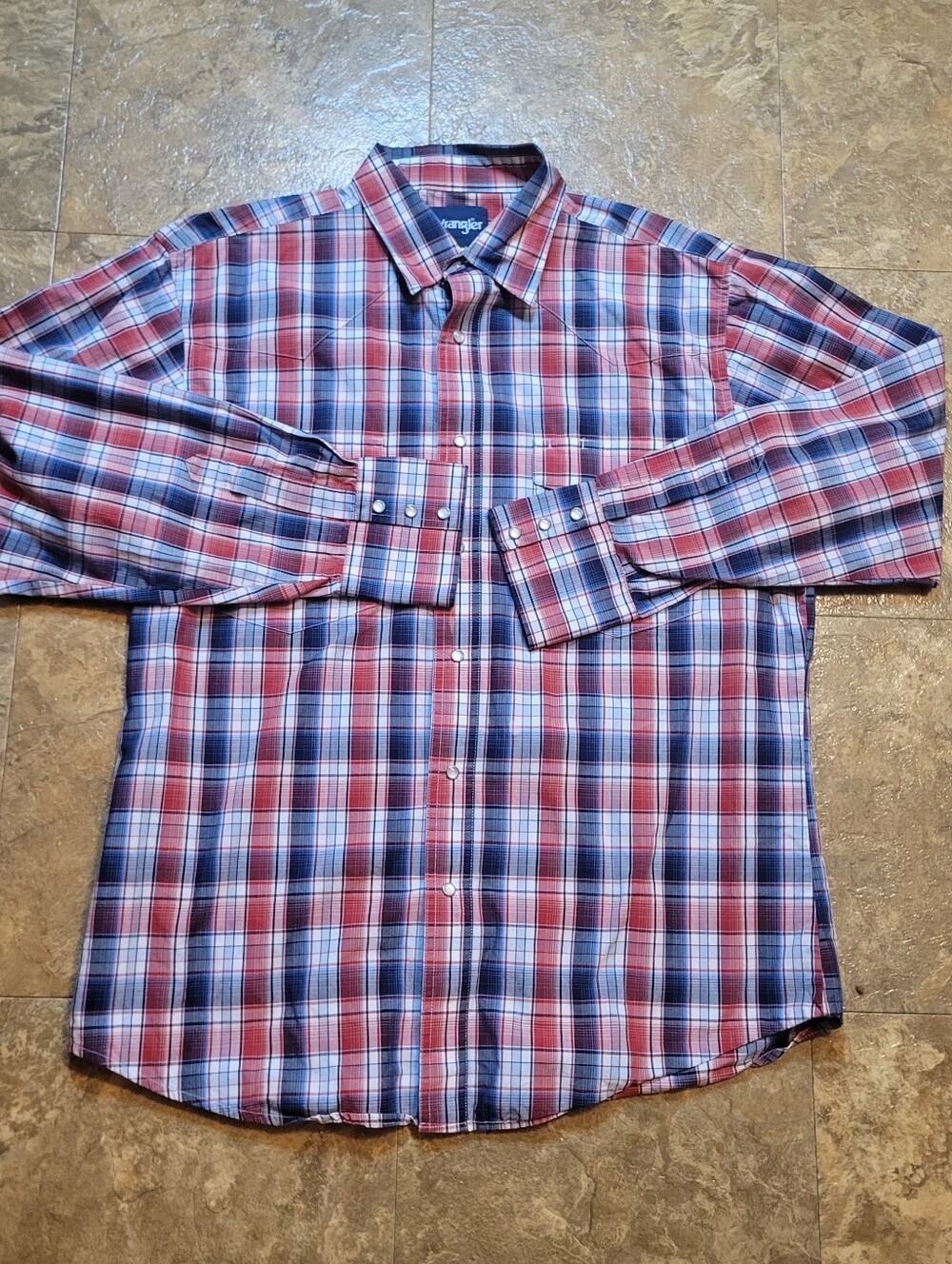 Wrangler Wrinkle Resist Western Shirt Men Large Red White Blue Plaid Long Sleeve